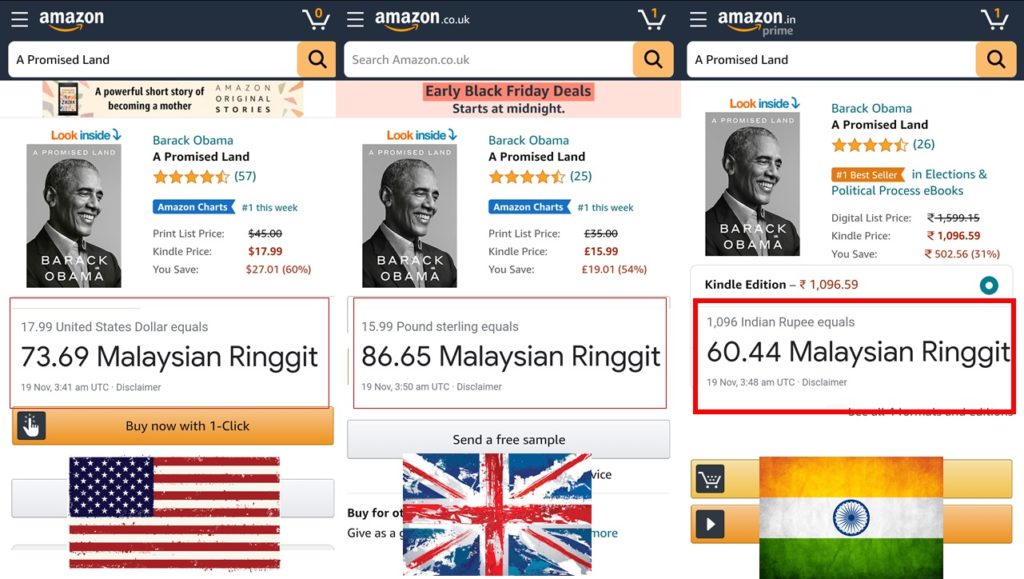Amazon-Kindle-India Store-Comparison-in-MY-(US,-UK-&-India)-A Promised Land is offered Cheapest from Amazon Kindle Store India