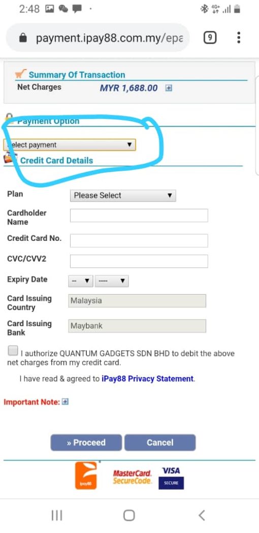 Step 2. Select Payment Type for Maybank /Public Bank Installment