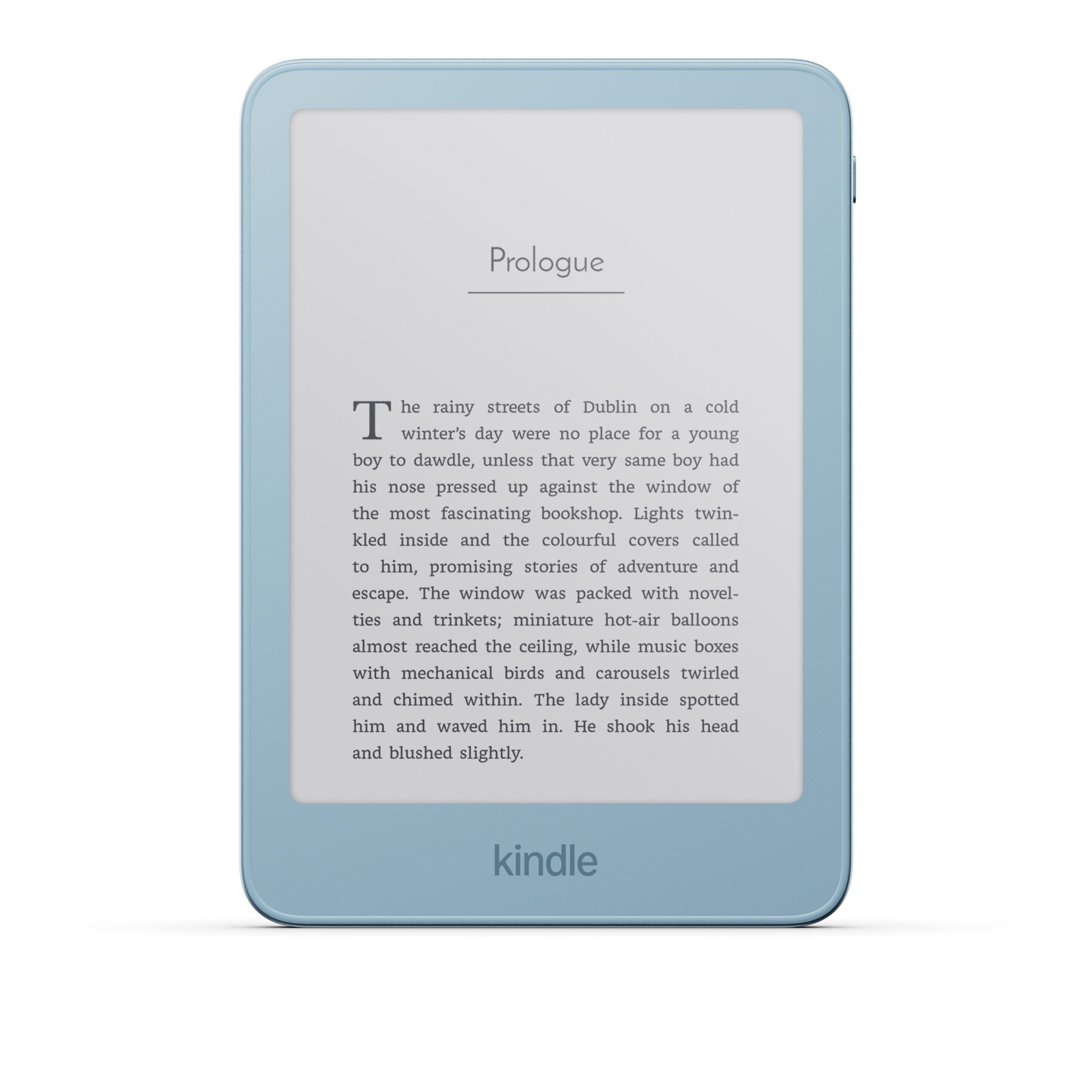 Kindle in Alpine Sky blue aluminium, shown from the front