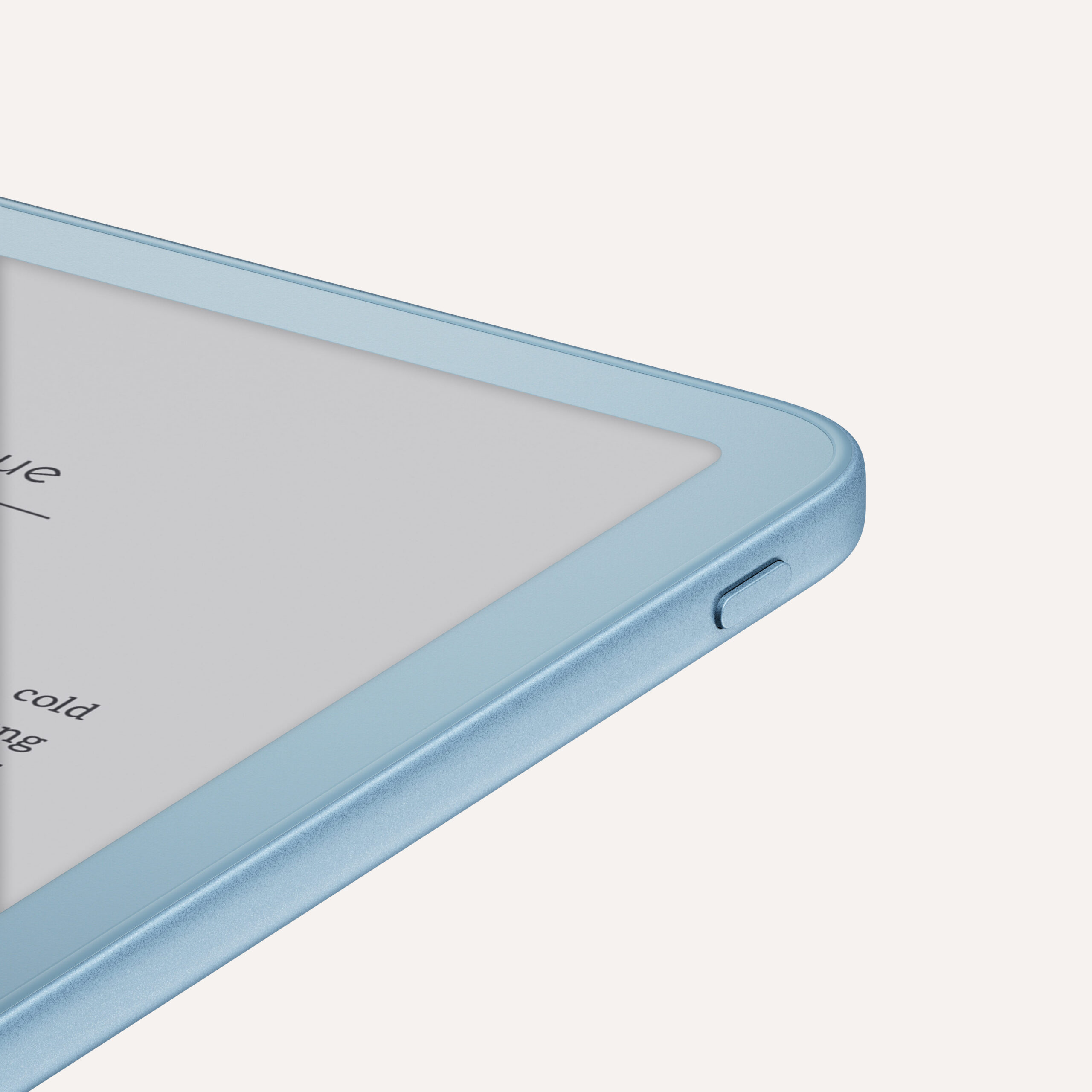 Close-up of the Kindle's slim Alpine Sky aluminium edge